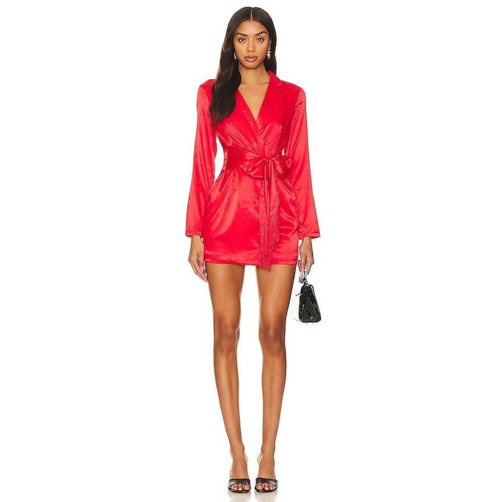 MORE TO COME Shanelle Blazer Fringe Dress satin red size S NWT $88msrp
